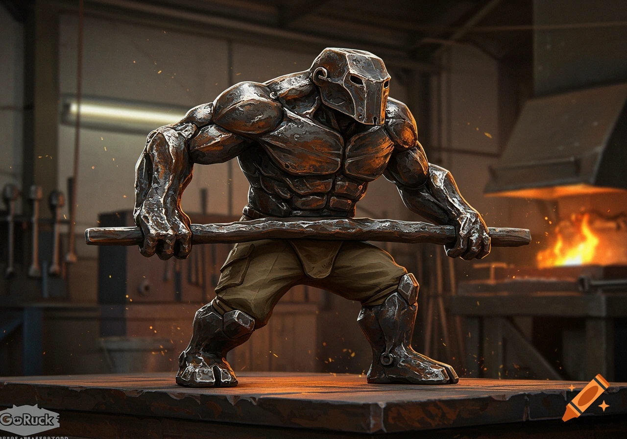 Muscular figure in forged iron armor and helmet holds a metal bar in a blacksmith workshop.