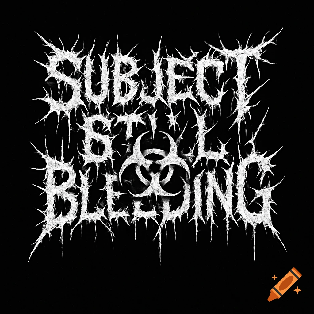 Subject Still Bleeding band logo in white spiky brutal death metal typography with a biohazard symbol on a black background.