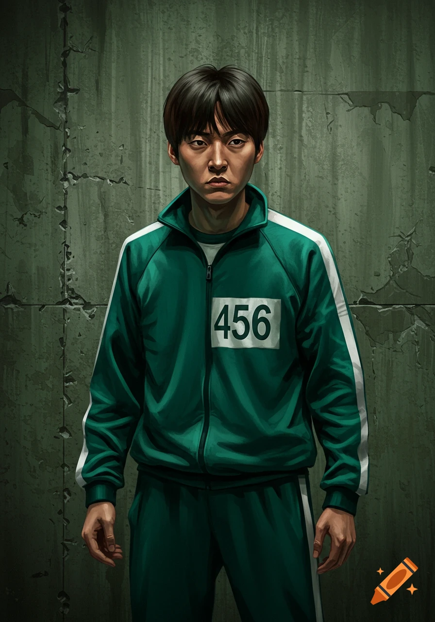 Person in green Squid Game tracksuit with number 456 against a concrete wall