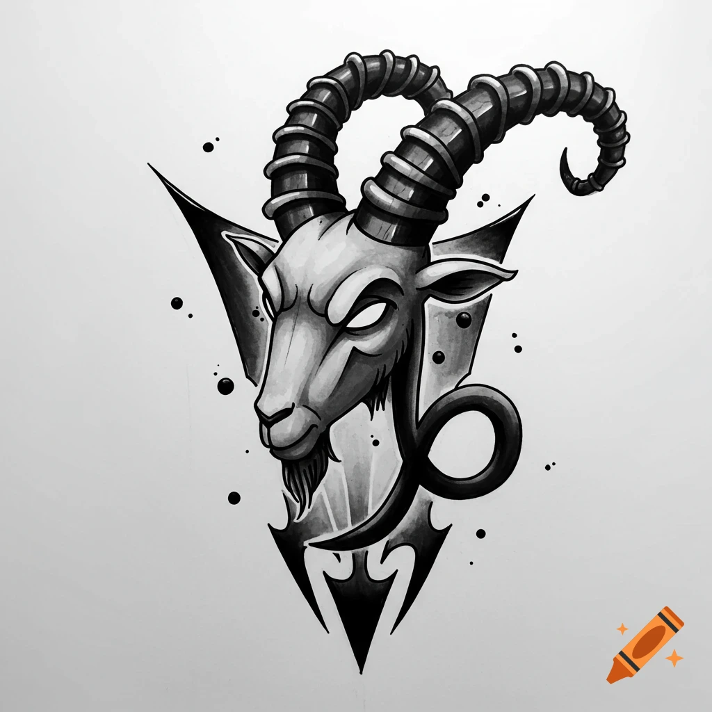 Black and white tattoo design of a goat head with large horns inside a triangle and a symbol.