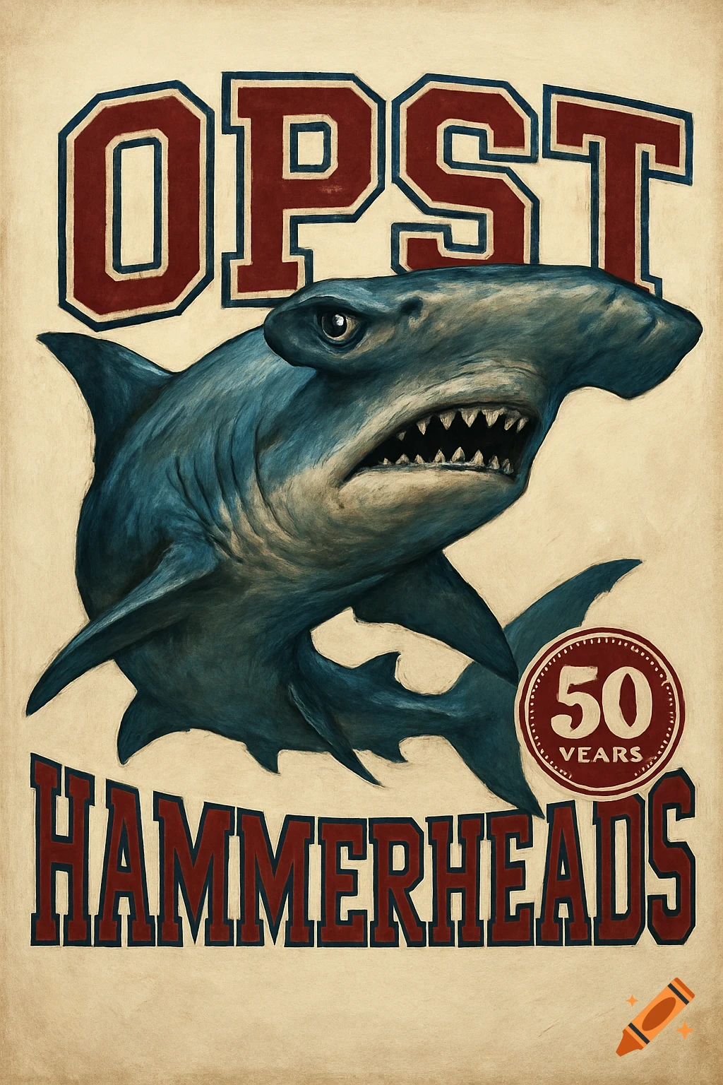 Illustrative poster with a hammerhead shark and text OPST Hammerheads 50 years.