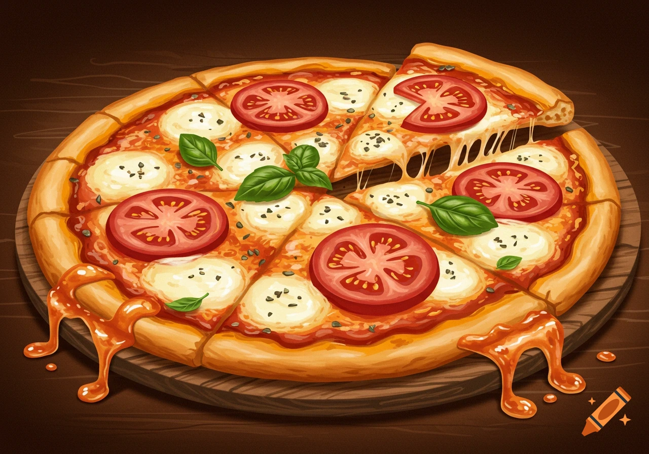 An illustration of a pizza with cheese pull, tomatoes, mozzarella, and basil on a wooden board.