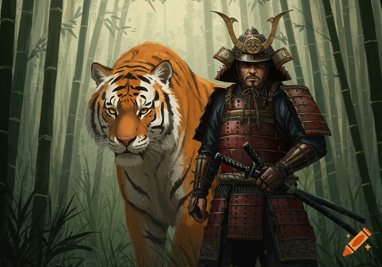 A samurai stands next to a tiger in a bamboo forest, illustrated.