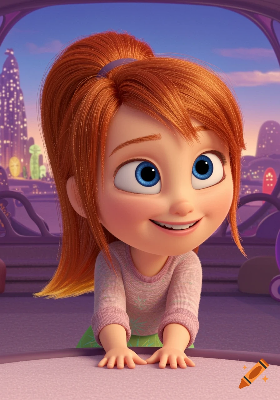Cartoon girl with red hair and blue eyes smiling in a colorful setting