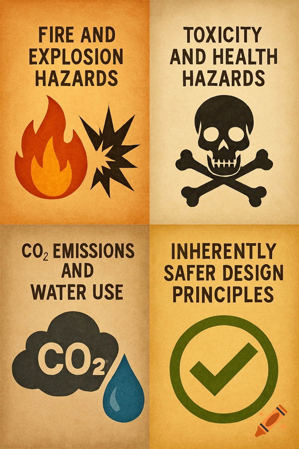 Four panel vintage style poster with symbols and text for fire, toxicity, CO2 emissions, and safer design principles.