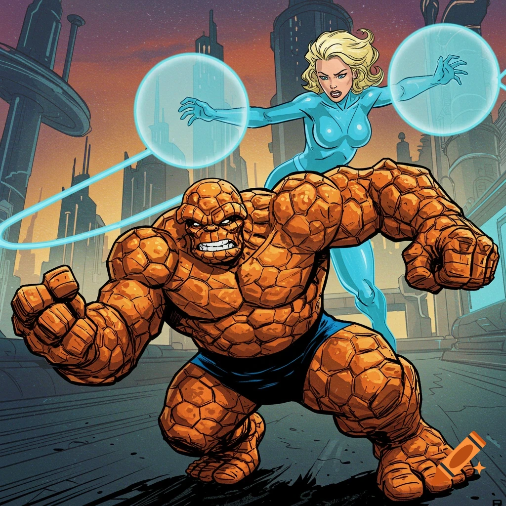The Thing and Invisible Woman pose dynamically in a comic book style illustration.