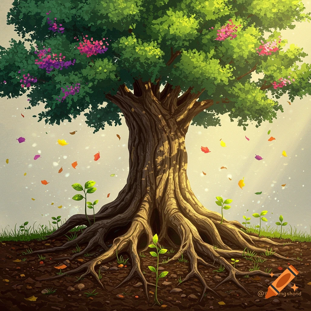 Stylized illustration of a large tree with exposed roots and seedlings, with falling leaves.