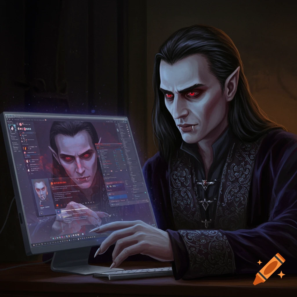 An illustration of a vampire with long dark hair and red eyes sitting at a desk and using a computer.
