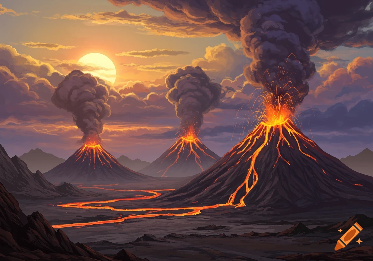 Three erupting volcanoes spew smoke and lava under a sunset sky.