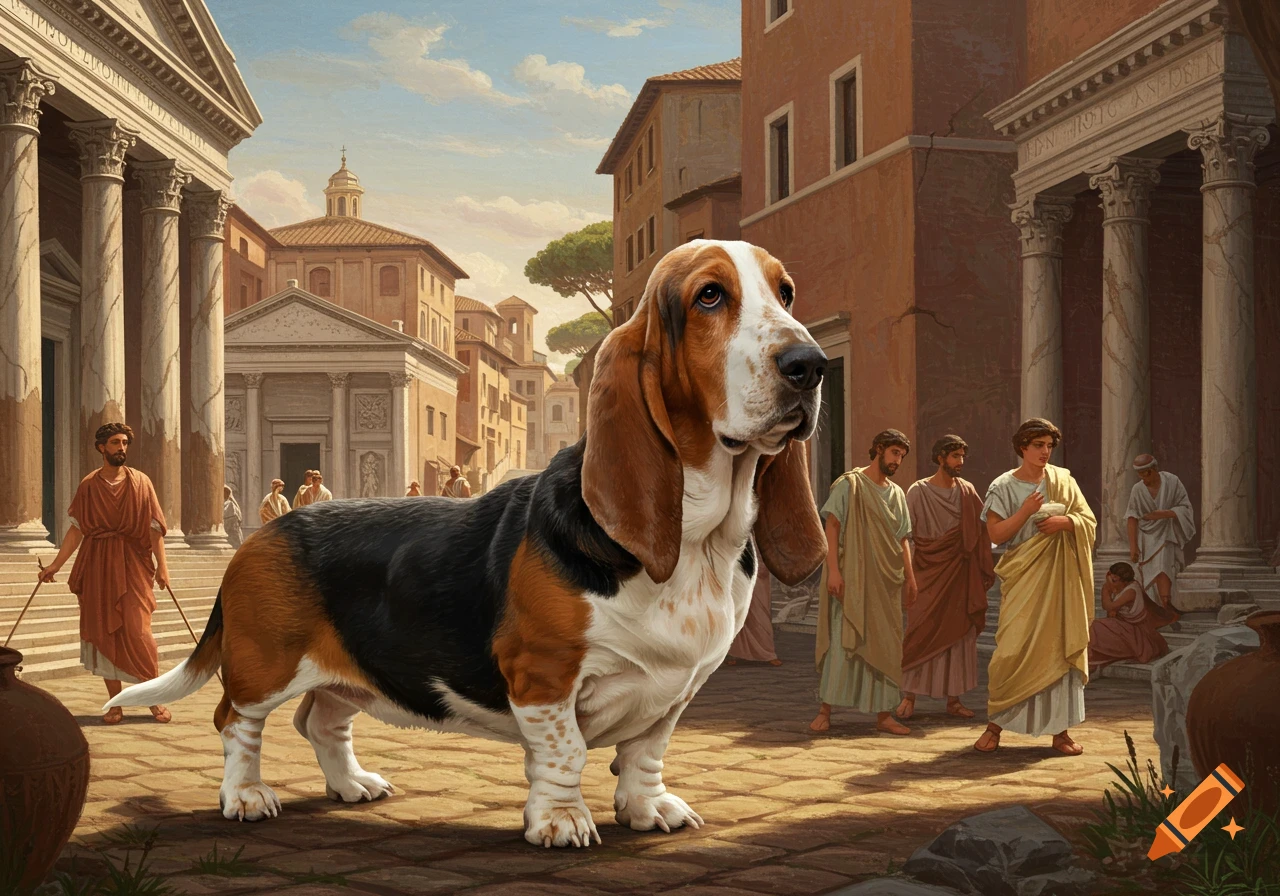 A basset hound stands in a sunny ancient Roman square with people and buildings in the background.