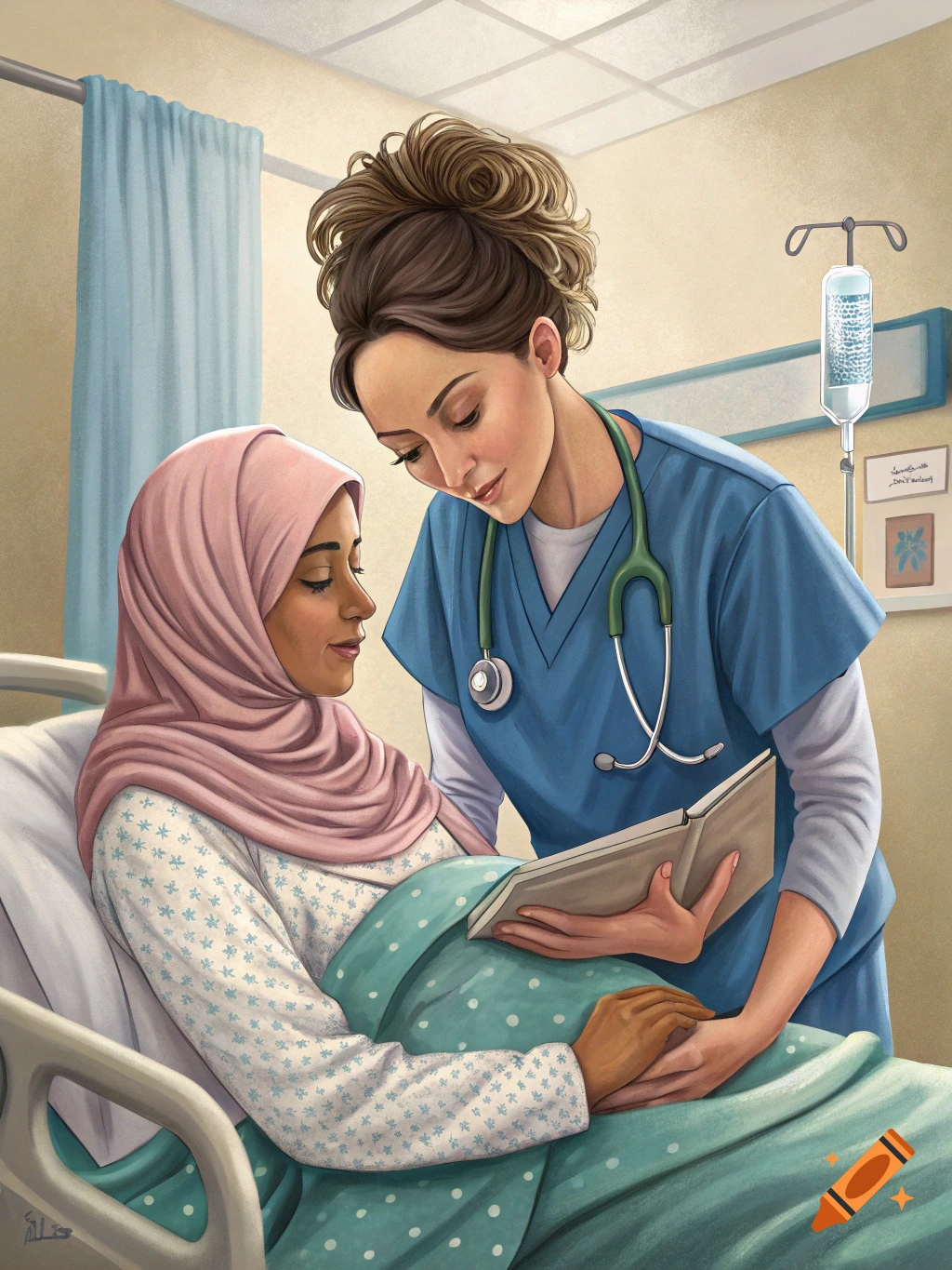 Nurse helping a pregnant patient in a hospital room