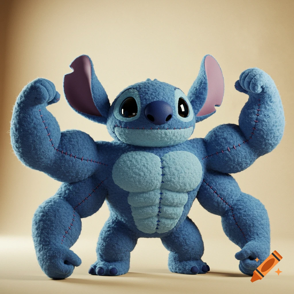 Plush toy of Stitch from Disney, flexing his six muscular arms.