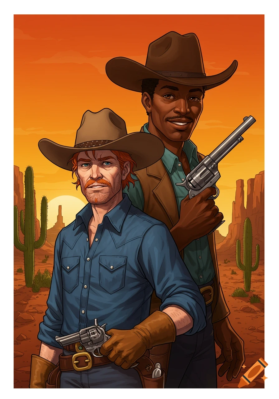 Two cowboys, one redhead, one African American, stand in a desert with guns in a comic book style illustration.
