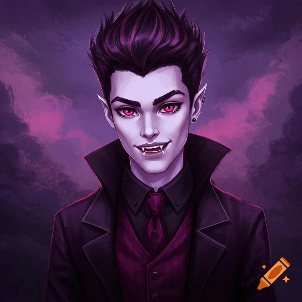 Portrait of a male vampire with purple hair and glowing red eyes, wearing a suit.