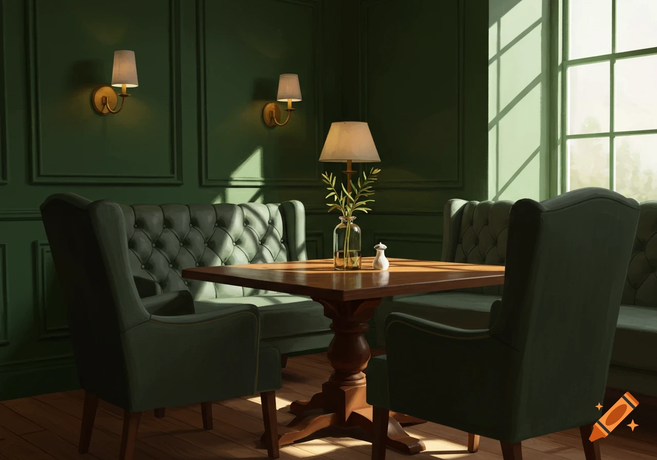 Illustration of a cozy dining room interior with green tufted chairs, a wooden table, and sunny windows.