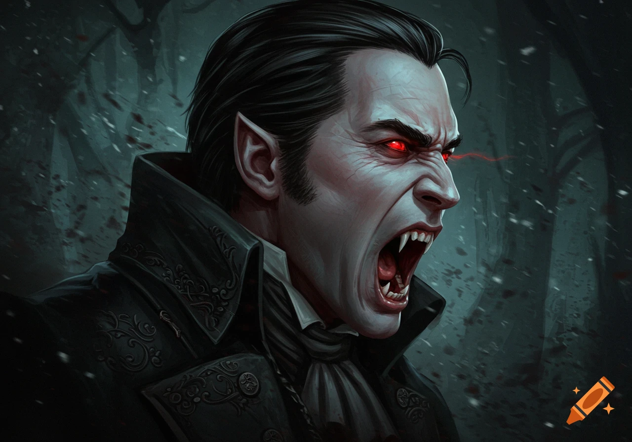 Digital painting of a roaring vampire man with red eyes and fangs in semi-profile.