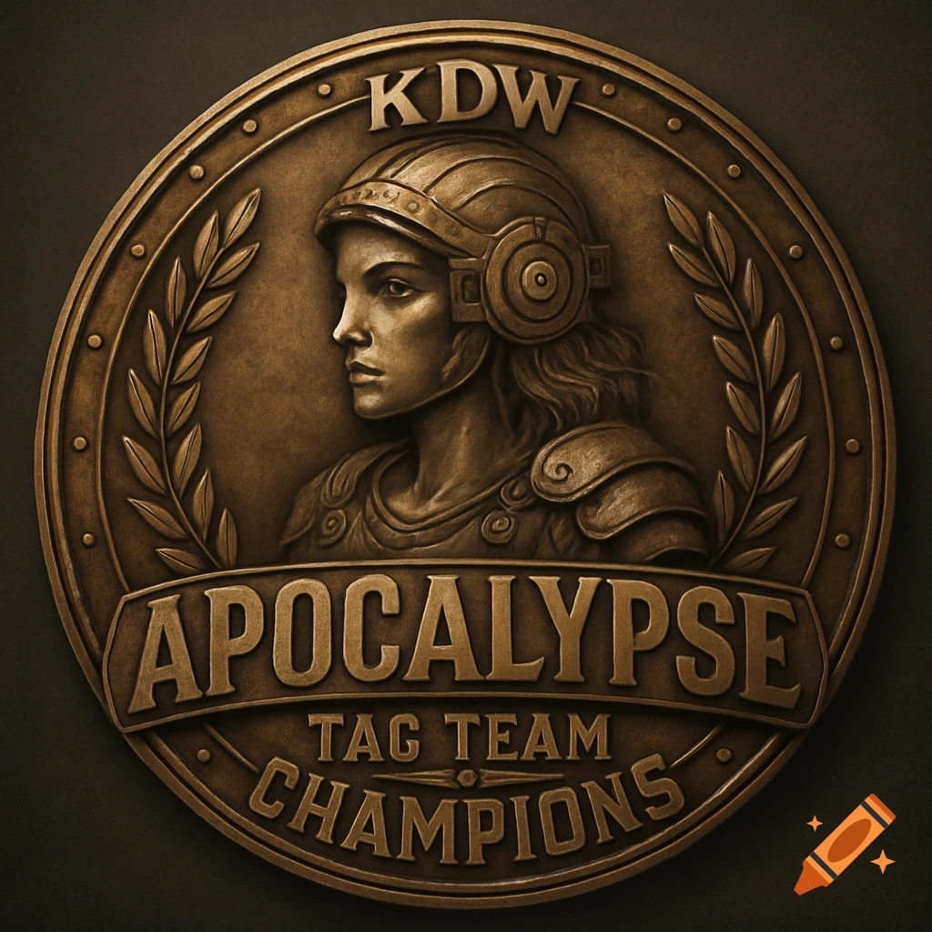 Bronze medal with a warrior woman bust and text "KDW Apocalypse Tag Team Champions".