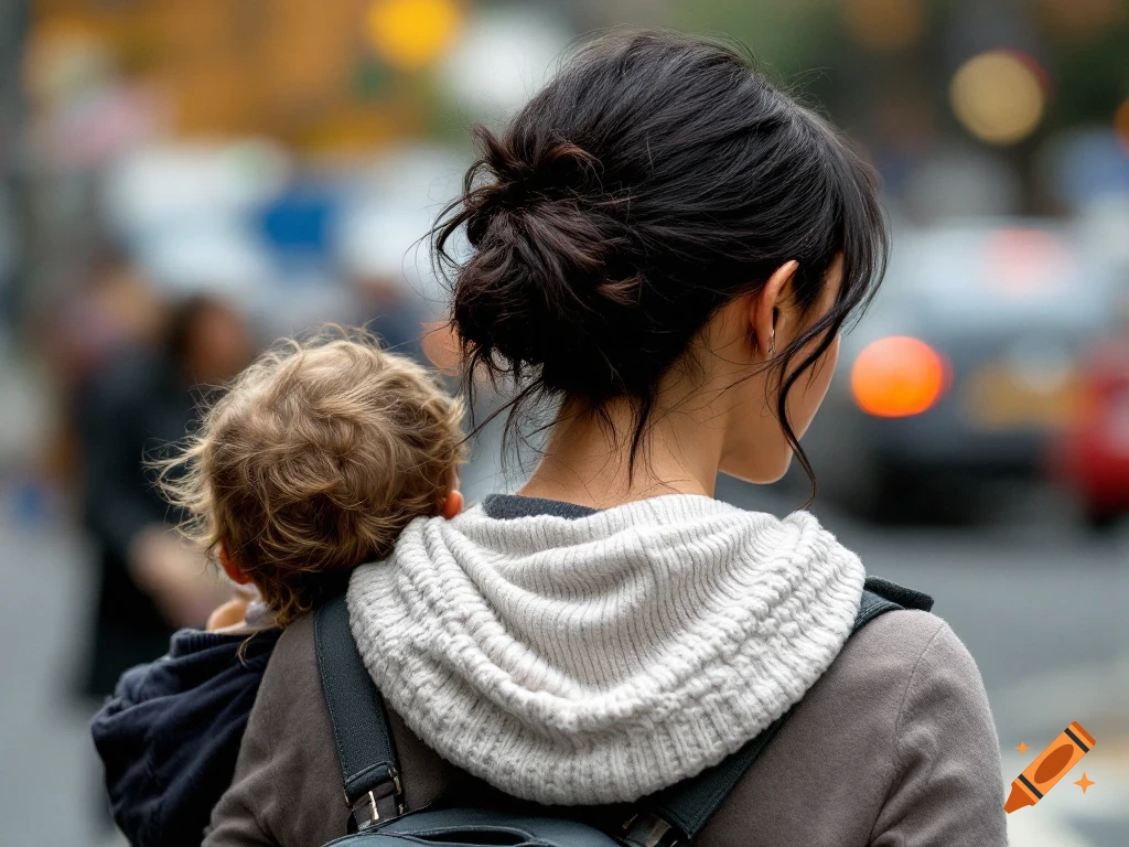 Woman carrying a child on her shoulder, view from behind in an urban setting.