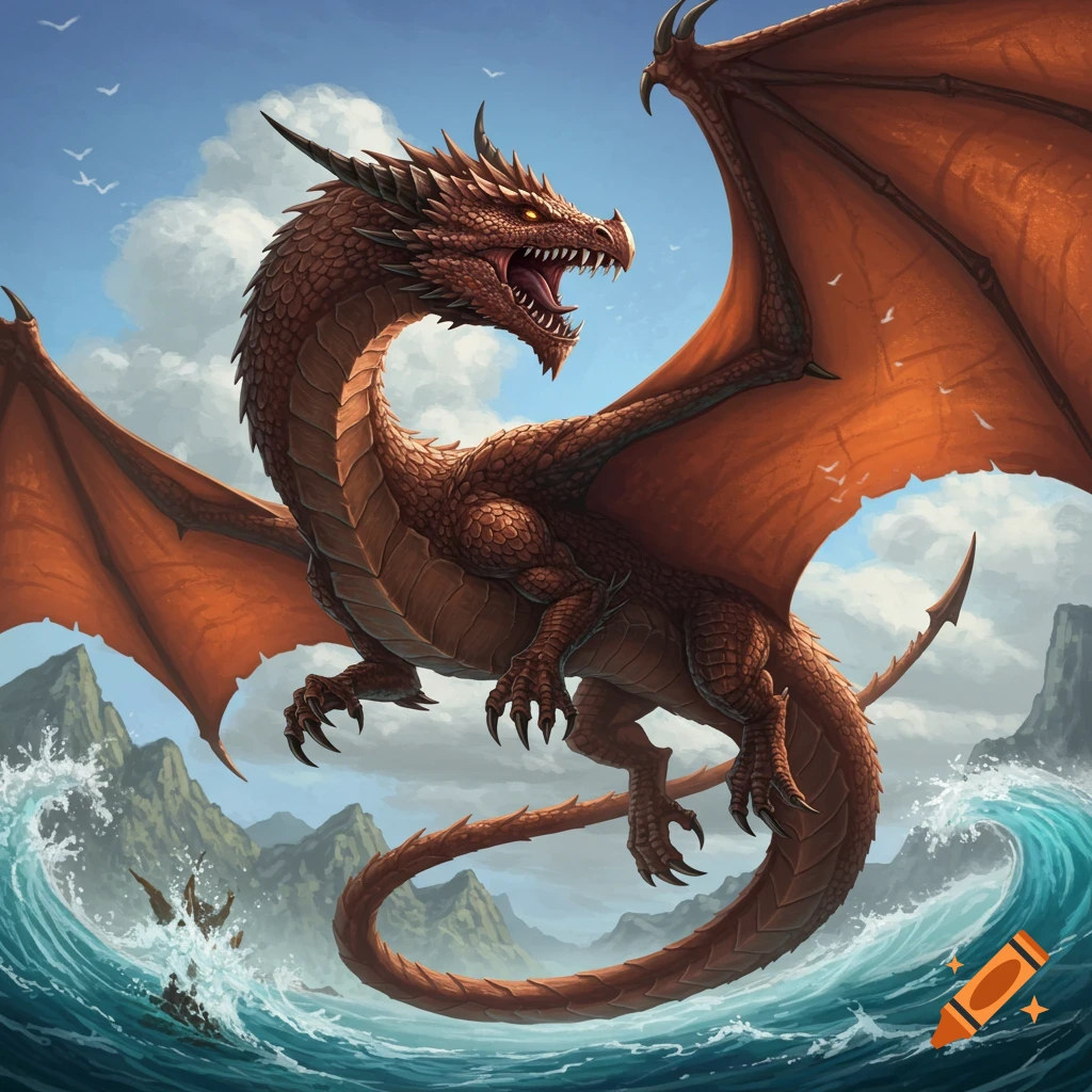 A large red dragon flies over the ocean with mountains and clouds in the background.