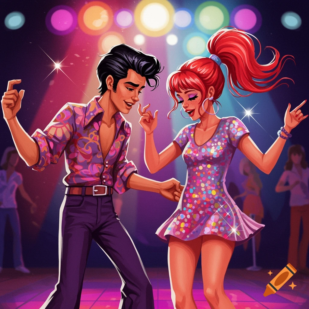 A couple disco dancing under colorful lights.