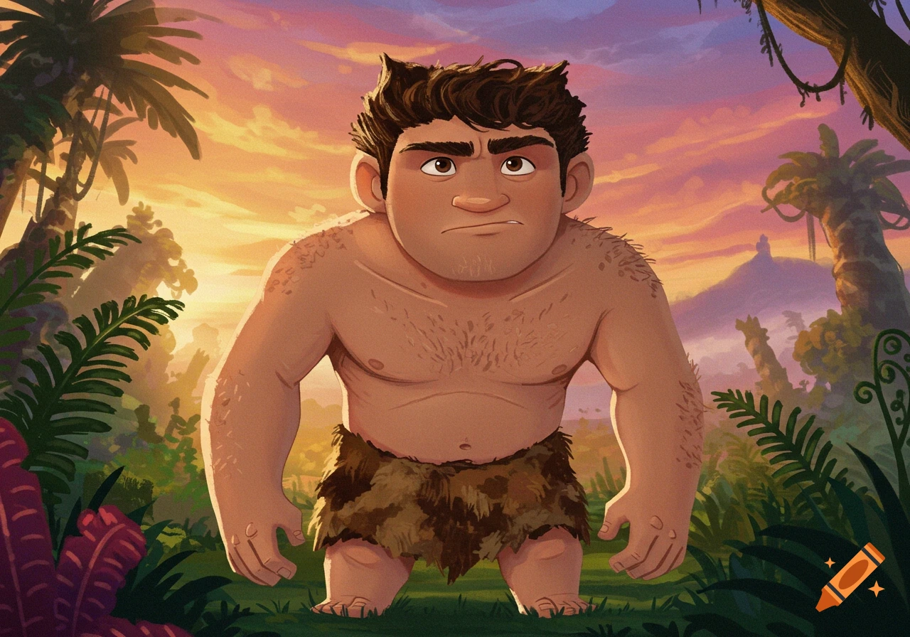Cartoon caveman in a jungle at sunset.