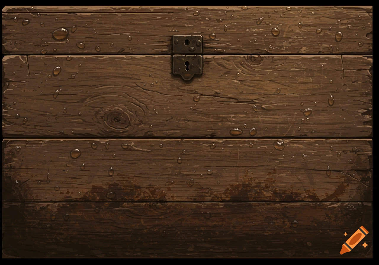 Close up of a worn wooden chest with a lock and water droplets, wet at the bottom.