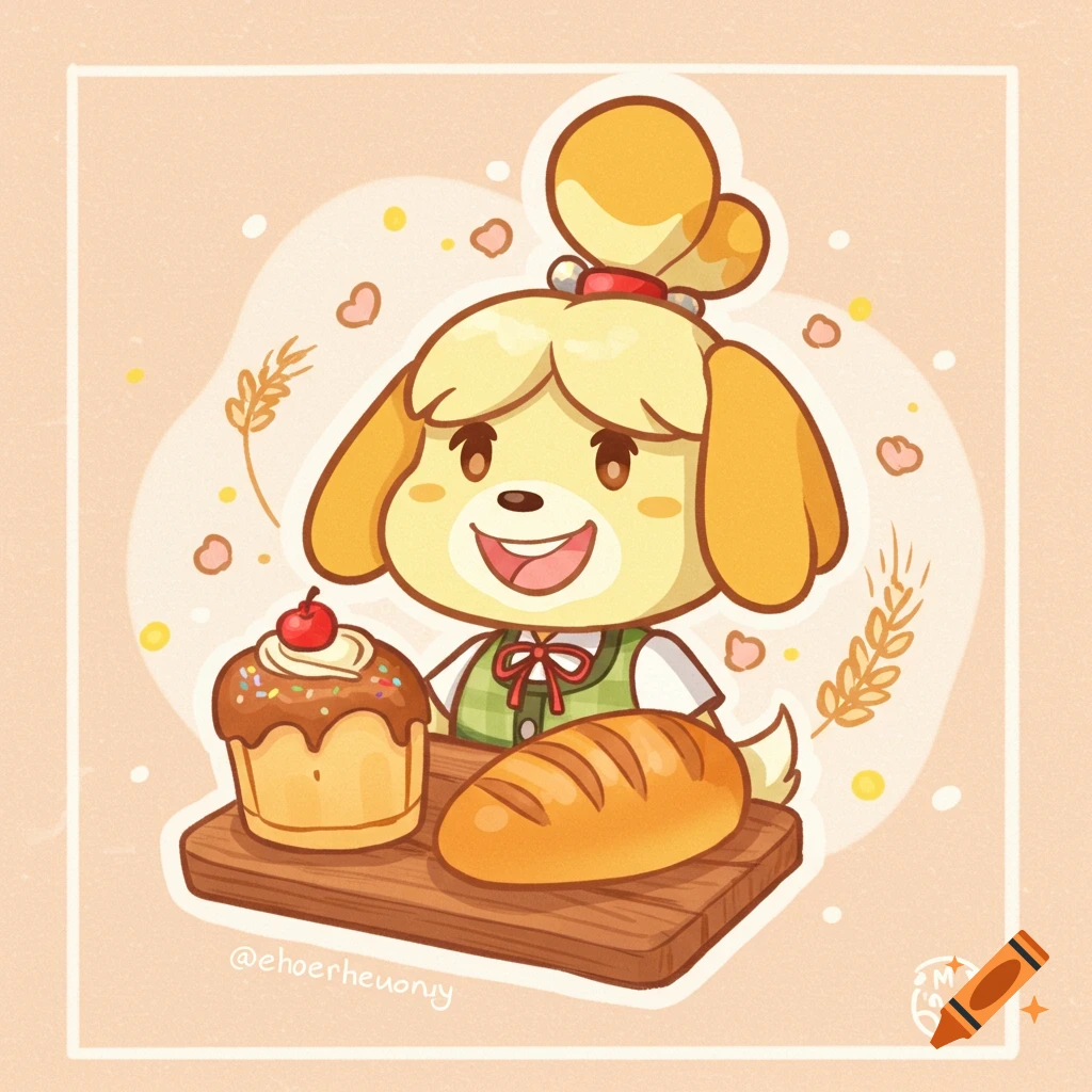Isabelle from Animal Crossing holding a cupcake and bread in a cartoon style.
