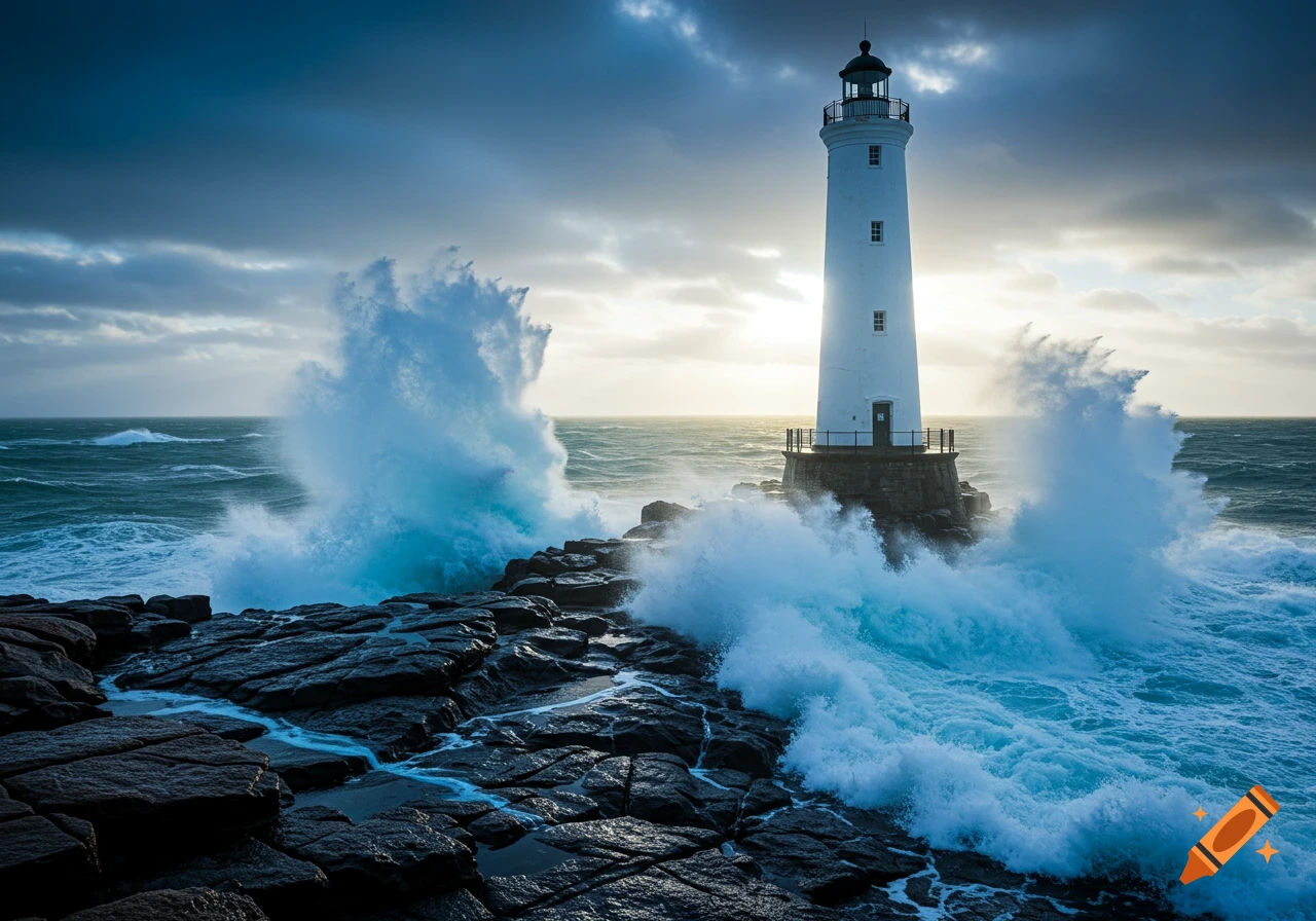 A white lighthouse stands on rocky ground as large blue waves crash around it, under a dramatic sky.