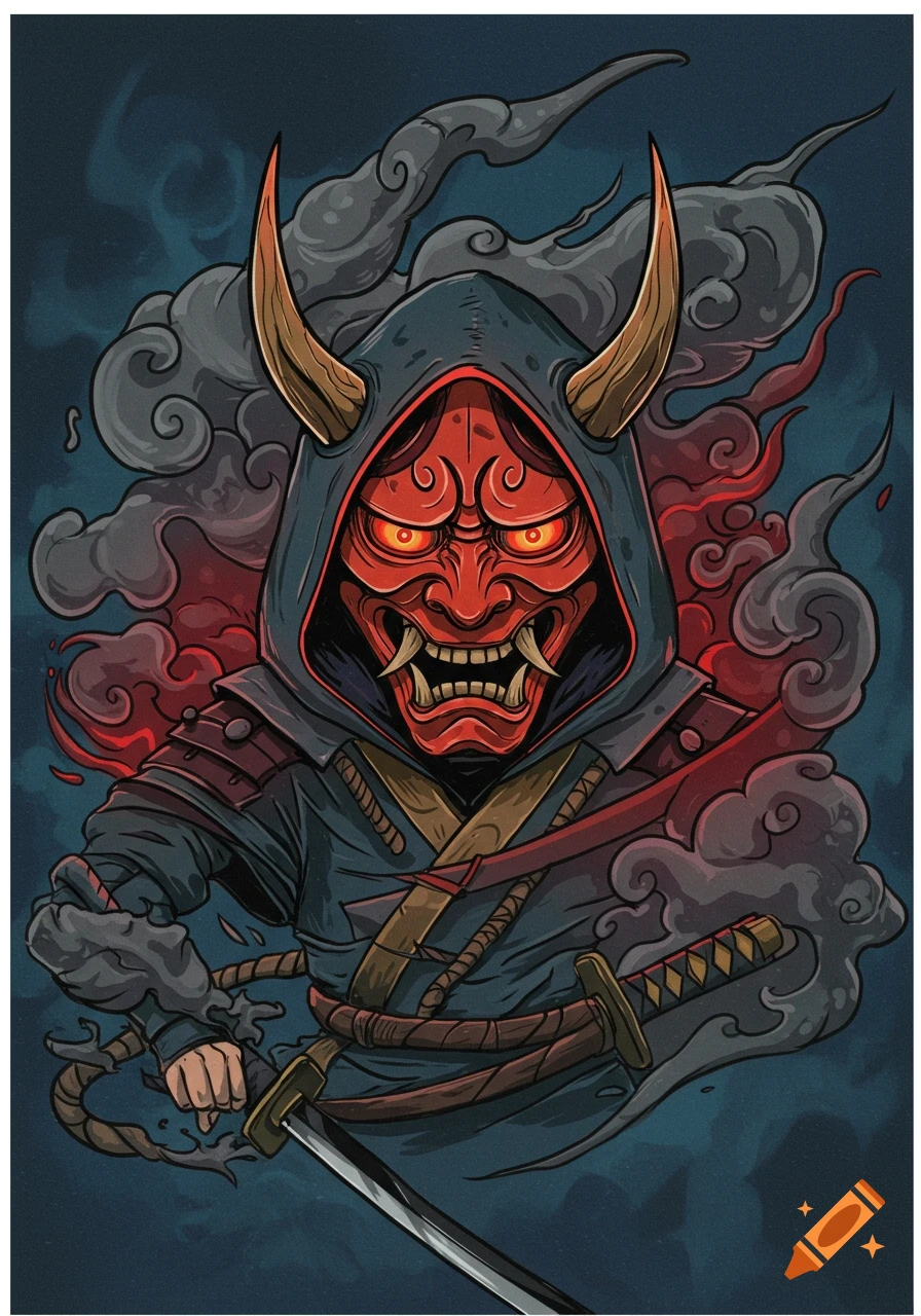 Stylized illustration of a hooded figure wearing a red Oni mask, holding a sword, with smoke.