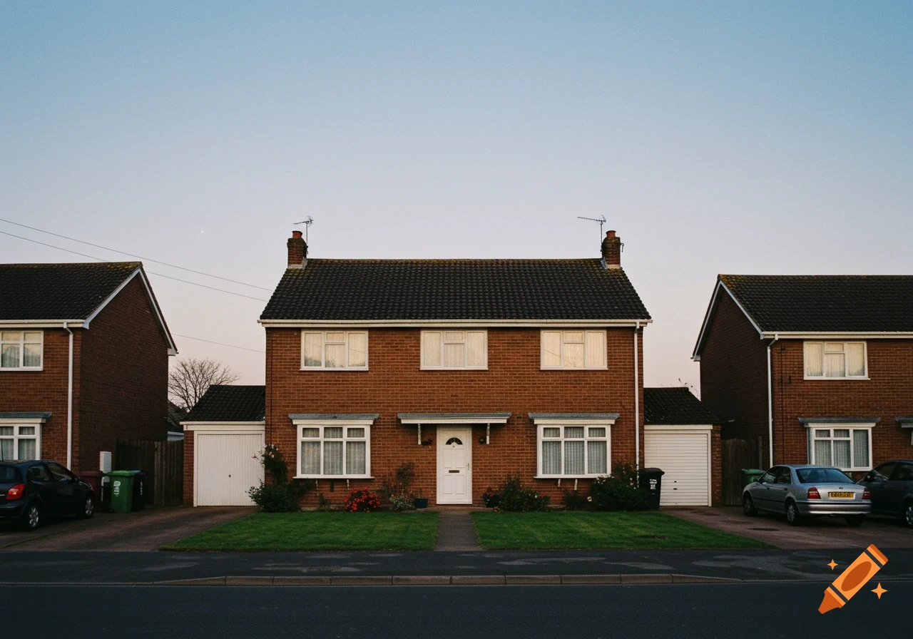 Semi-detached houses in the UK with cars parked in driveways, photo.