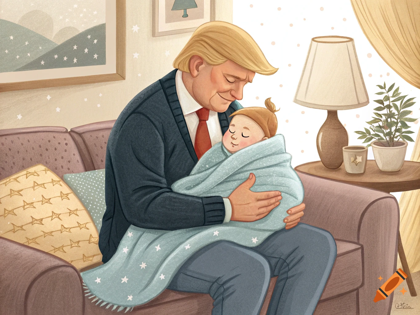 Illustration of a person resembling Trump holding a swaddled baby on a couch.