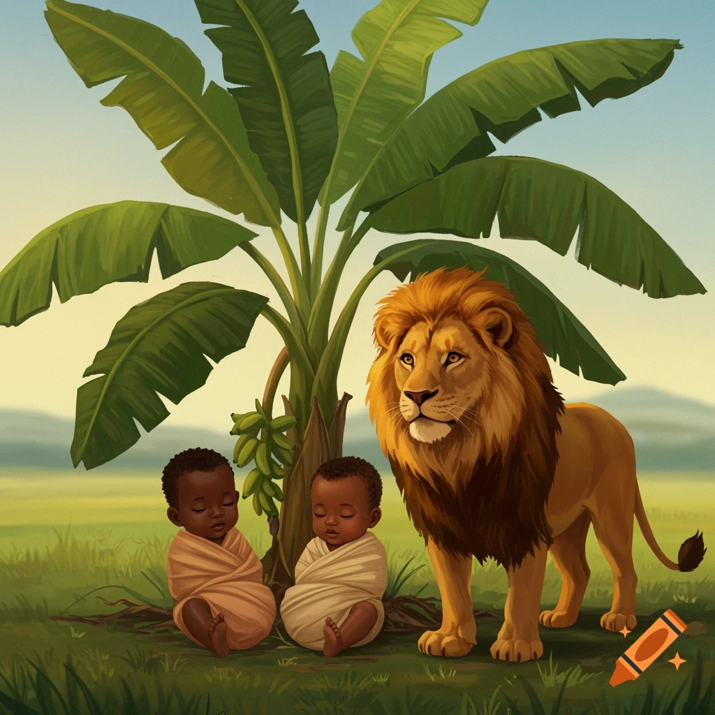 Two swaddled babies sit under a banana tree, guarded by a lion, in an illustration.