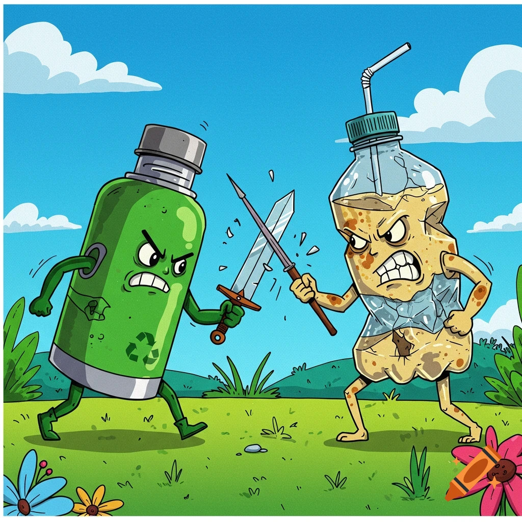 Cartoon illustration of a green reusable bottle fighting a crumpled plastic bottle with swords in a field.