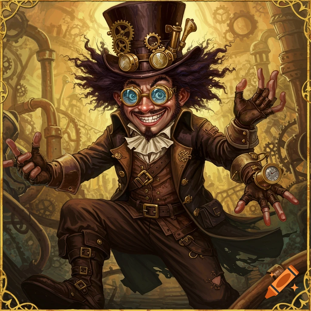 A gleeful, stylized character in steampunk goggles, top hat, and brown coat strikes a pose surrounded by pipes and gears.