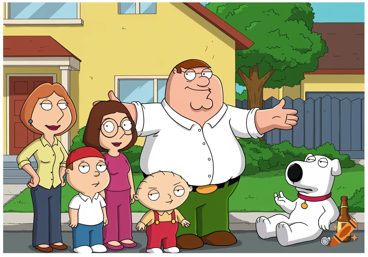 The Family Guy family and Brian in front of their house in cartoon style.