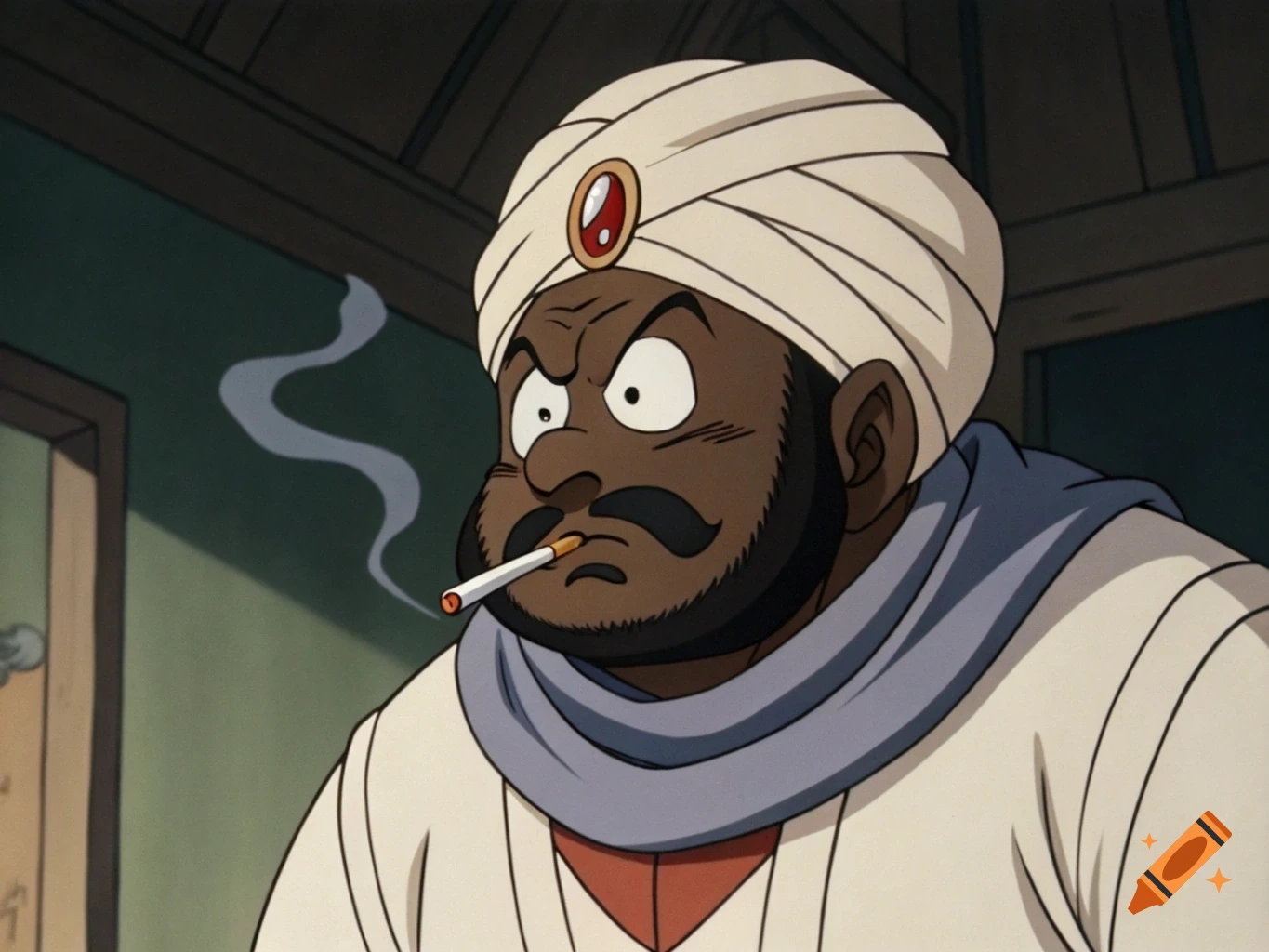 Mr. Popo smoking a cigarette in anime style.