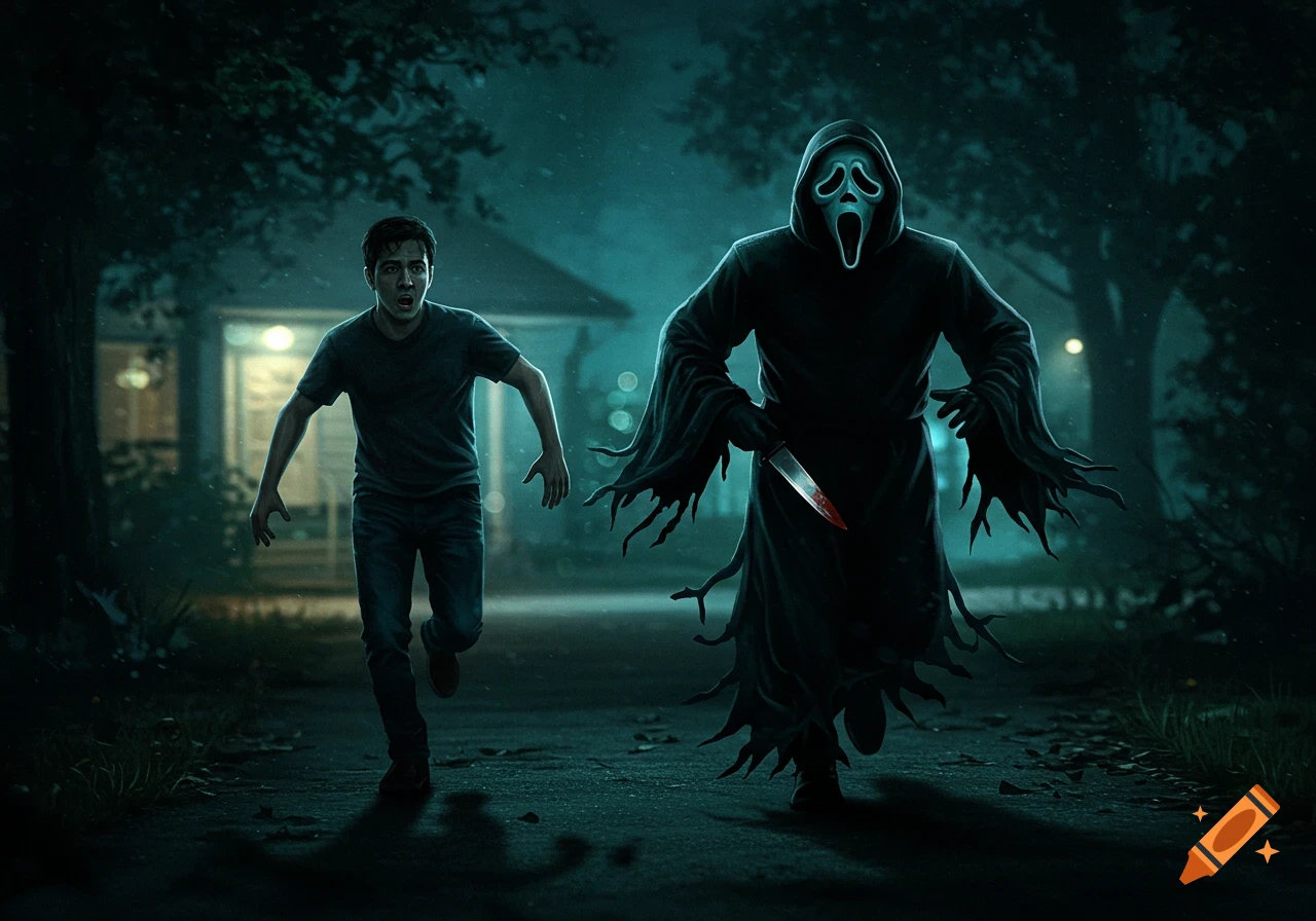 Illustrated scene of Ghostface chasing a man at night.