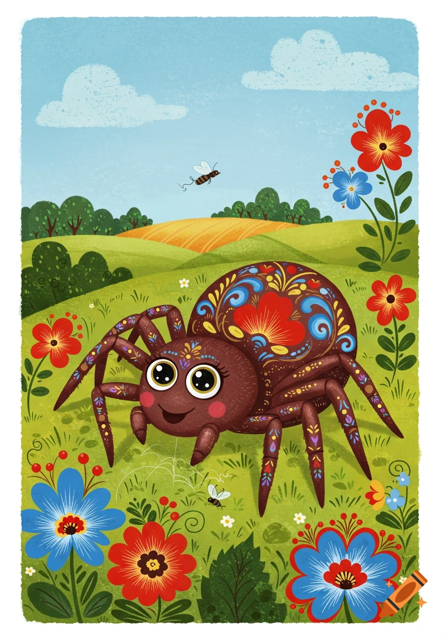 Cute, decorative spider in a field of flowers with flying insects, illustration in folk style.