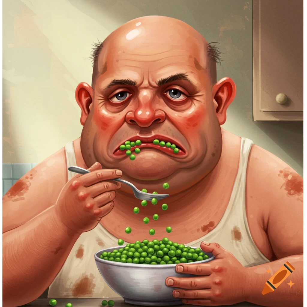 Illustration of a sad man eating a bowl of peas.