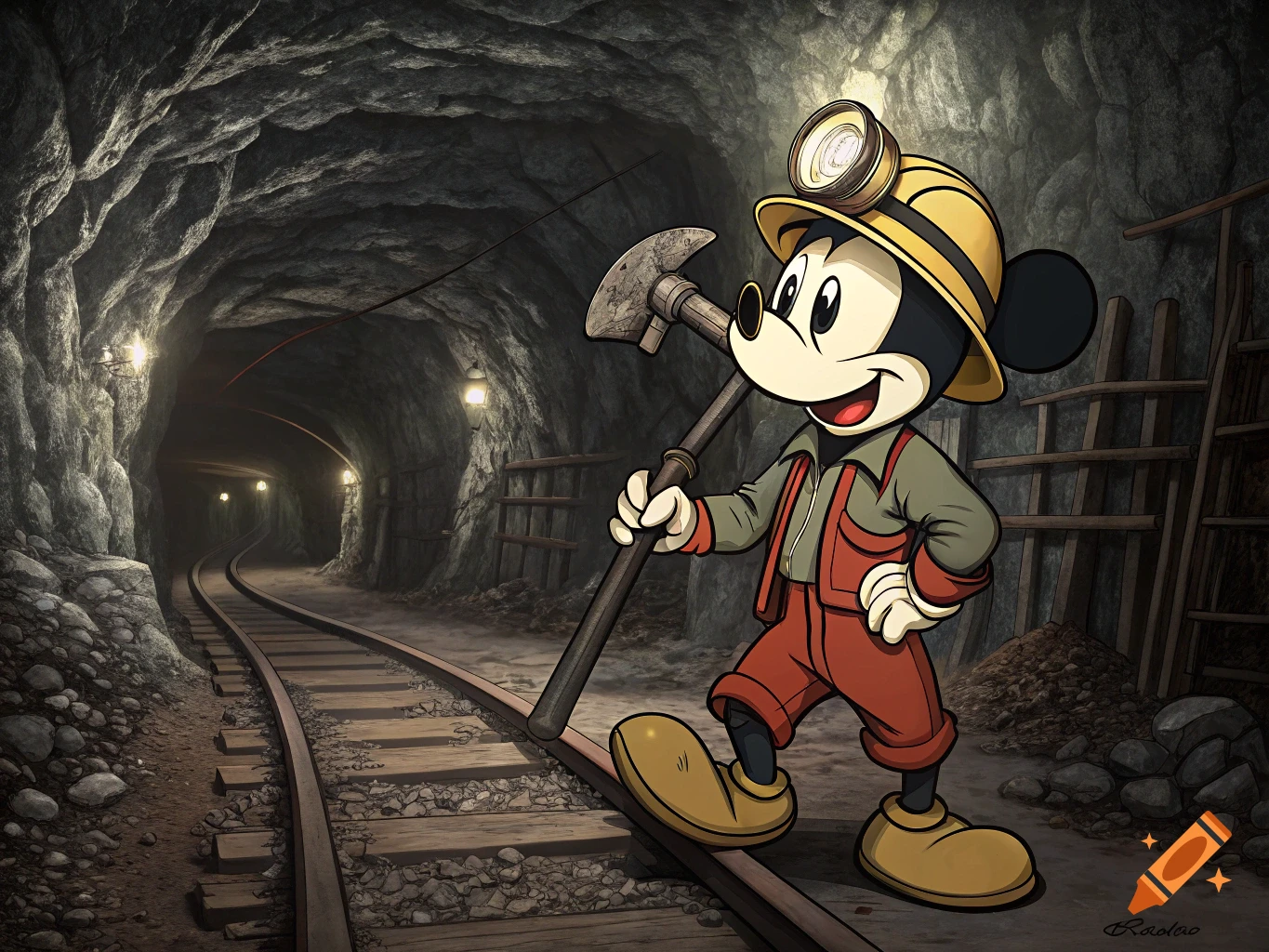 Cartoon image of Mickey Mouse wearing a miner's hat and holding a pickaxe in an underground mine with tracks.