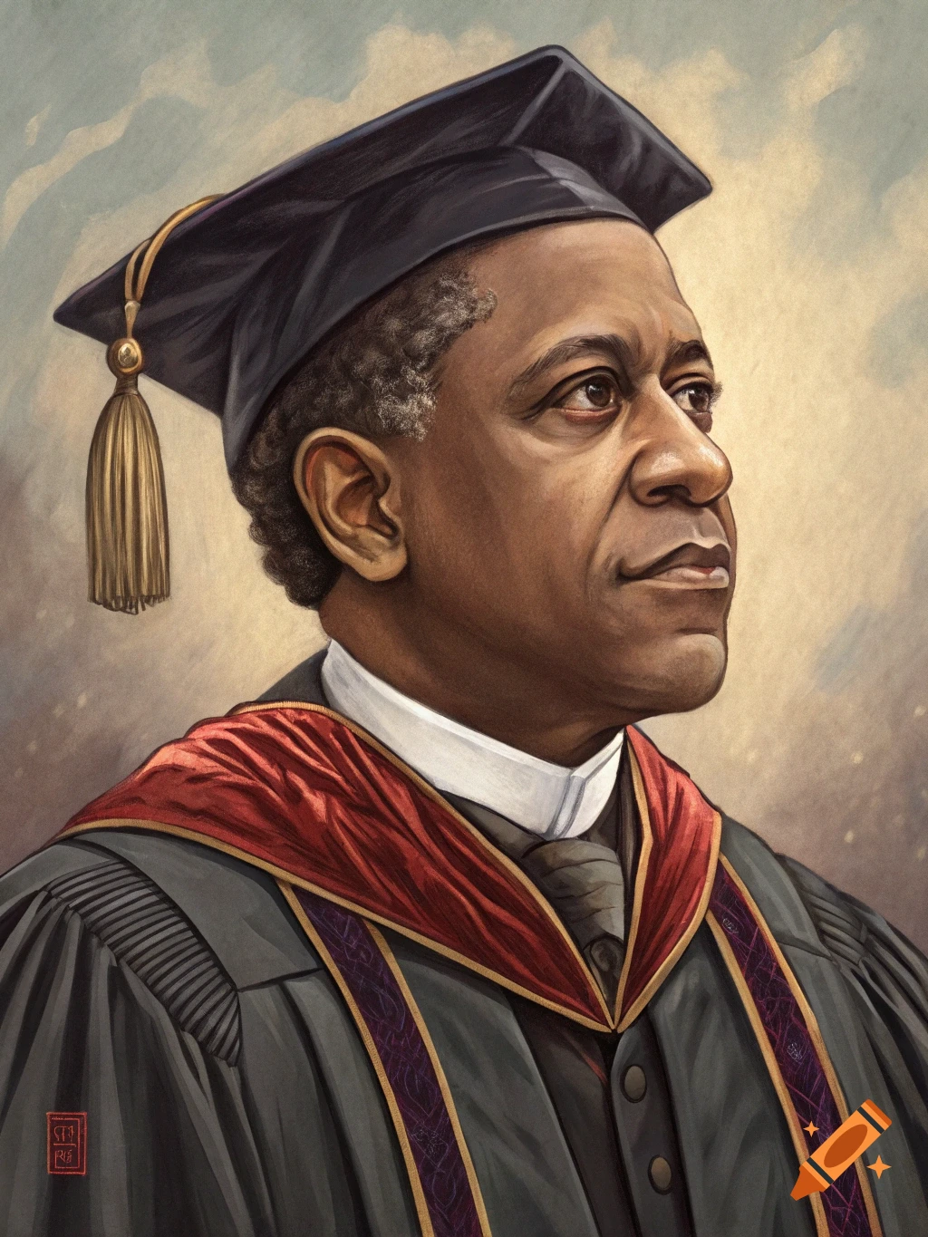 Painterly portrait of an older Black man in academic graduation regalia.
