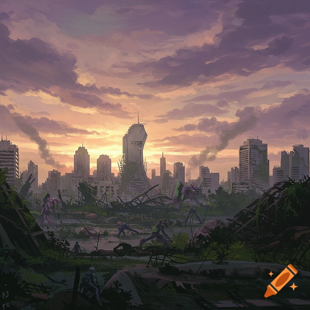 A ruined city with large mechs and figures at sunset.
