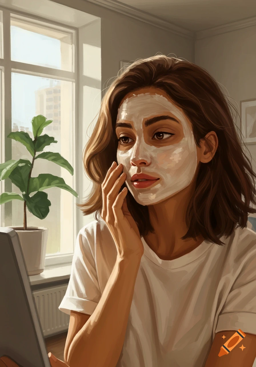 Digital painting of a woman applying a facial mask by a window