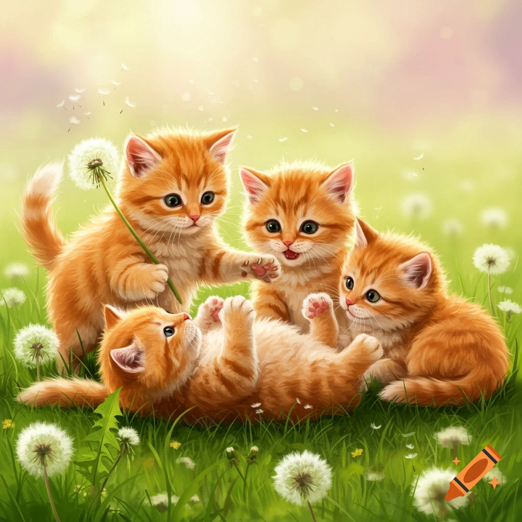 Four orange kittens play in a grassy field with dandelions.