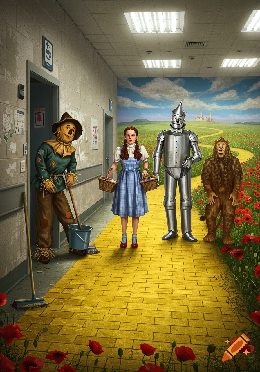 The Wizard of Oz characters stand in a hallway merging with the yellow brick road leading to the Emerald City.