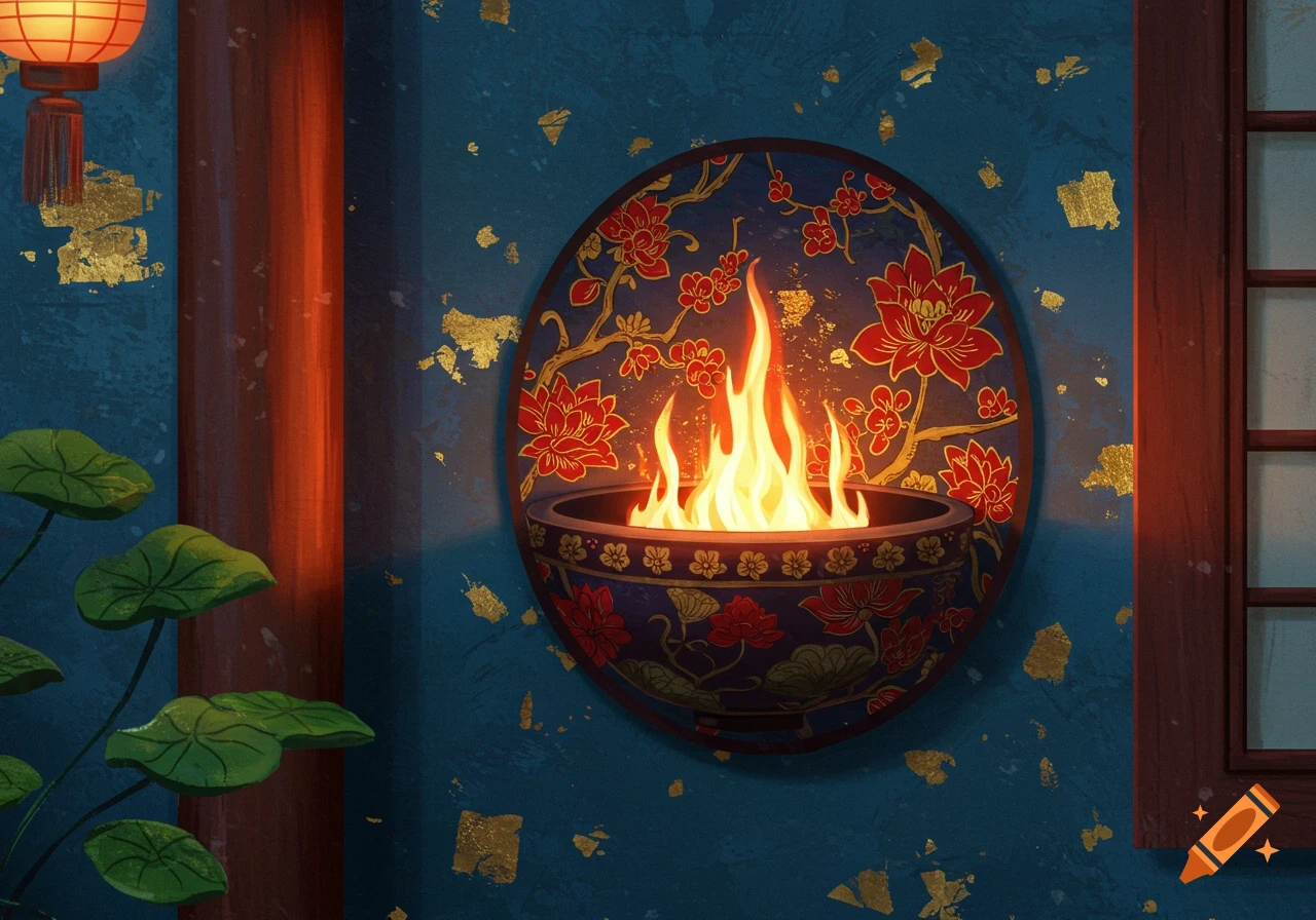 Traditional Asian-styled fire bowl on a wall with a lantern and foliage.