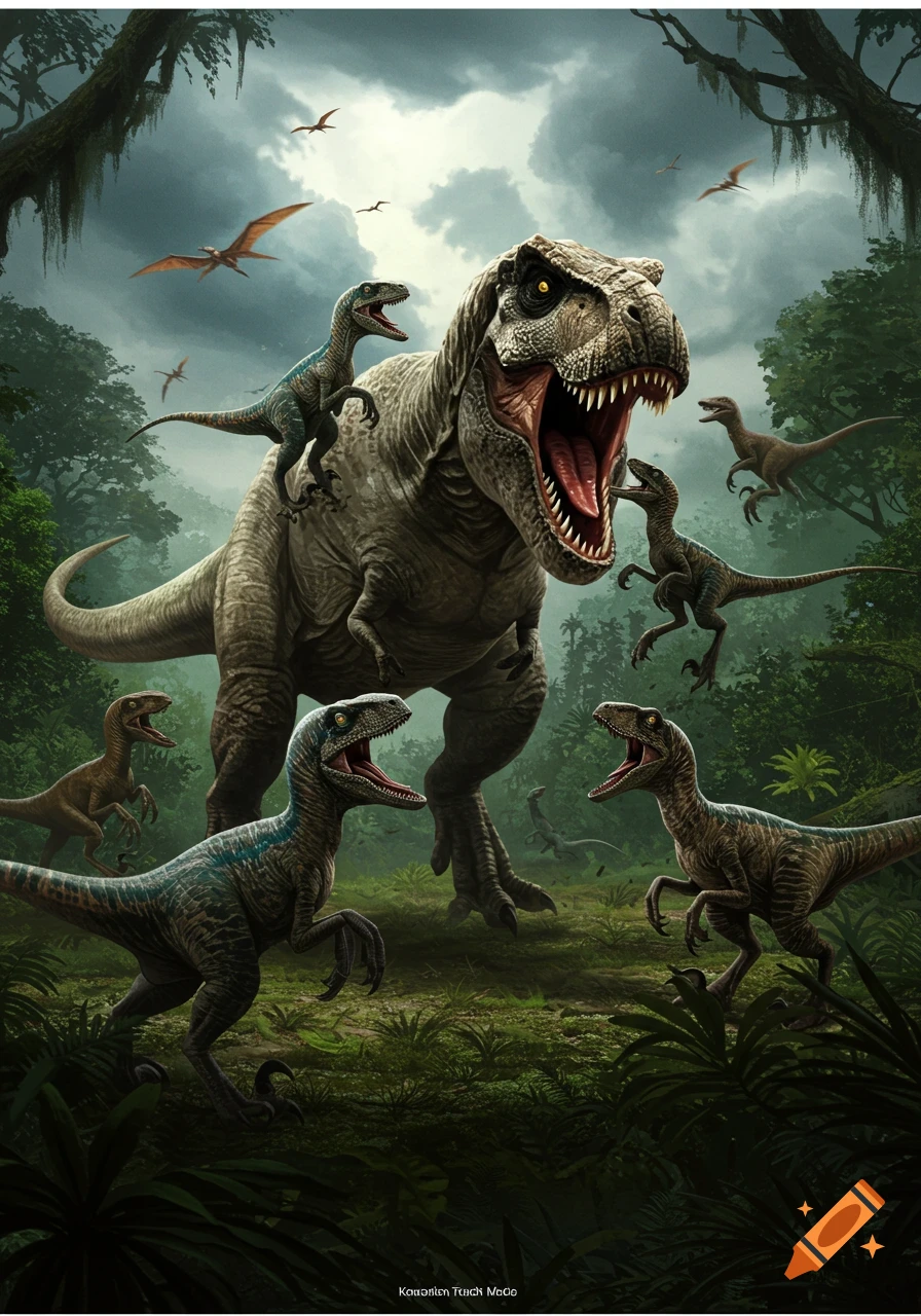 A large Tyrannosaurus Rex stands among smaller Velociraptors in a prehistoric jungle.