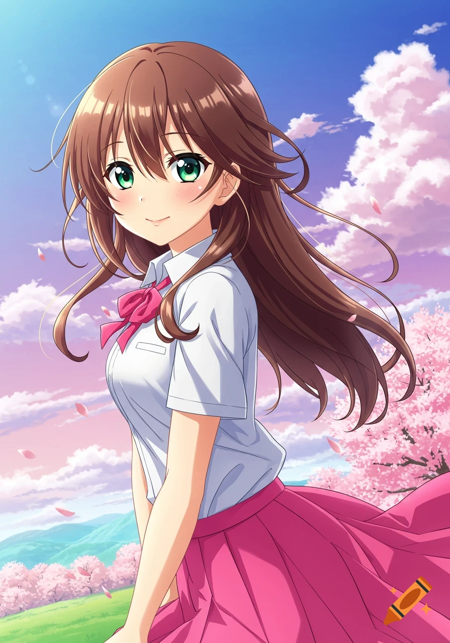 Anime girl with brown hair and green eyes in school uniform among cherry blossoms under a bright sky.