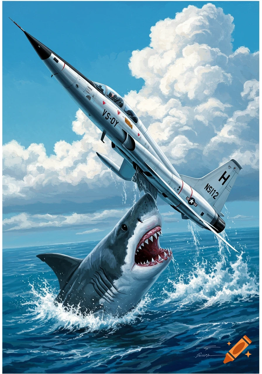 Illustration of a jet flying over the ocean as a shark leaps from the water.