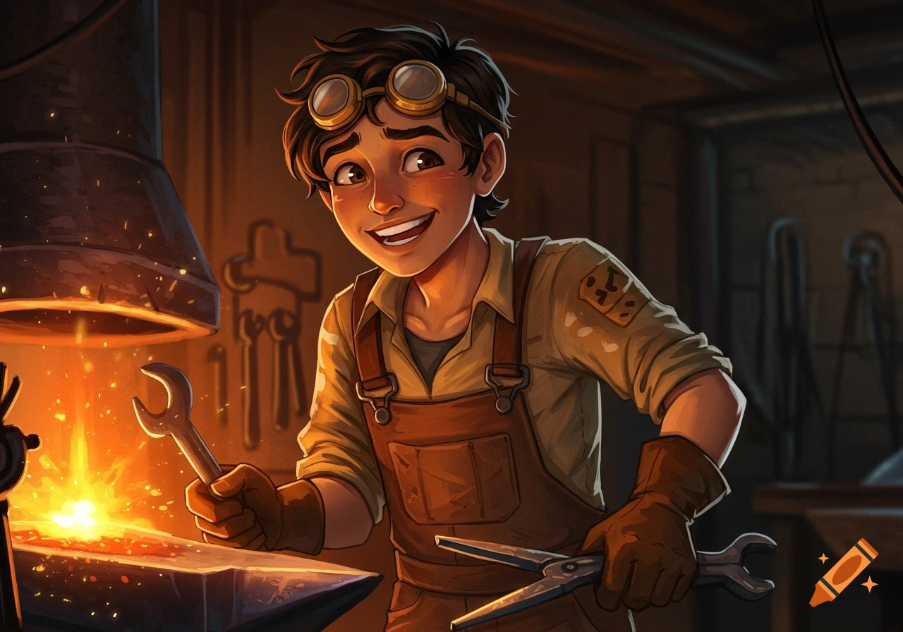 A young blacksmith with goggles and apron smiles happily, holding tools near a glowing forge in a workshop.